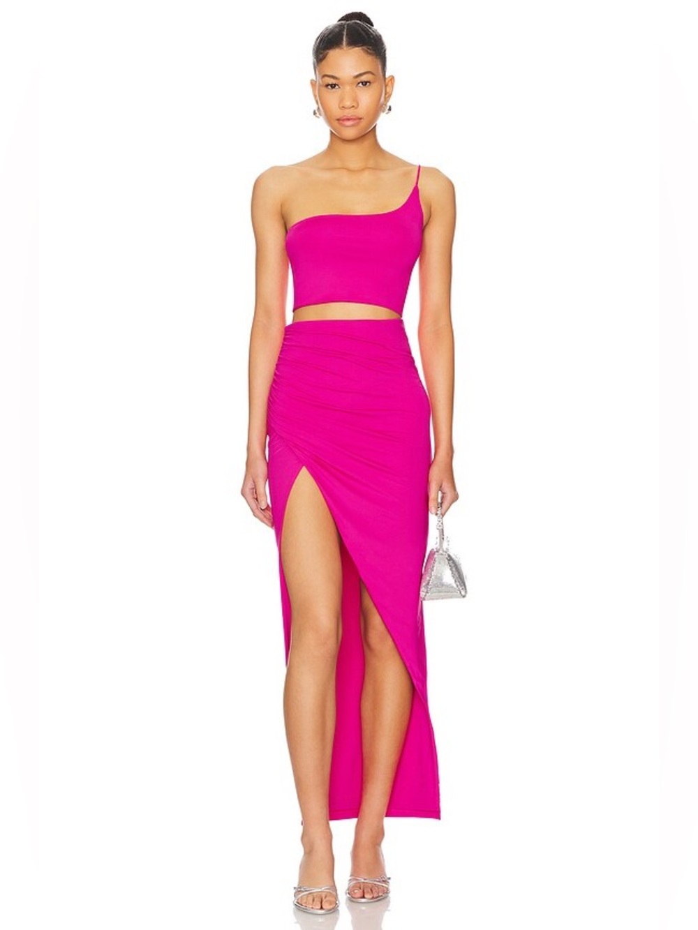 superdown Hot Pink One-Shoulder Maxi Skirt with High Side Slit